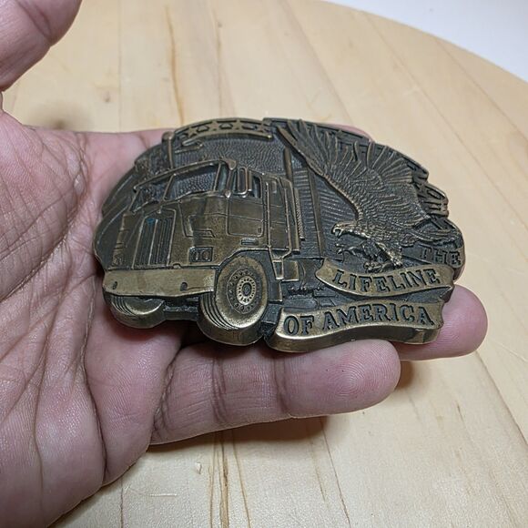 Vintage Solid Brass "The Life Line Of America" Truckers Belt Buckle Flying Eagle - Picture 2 of 10